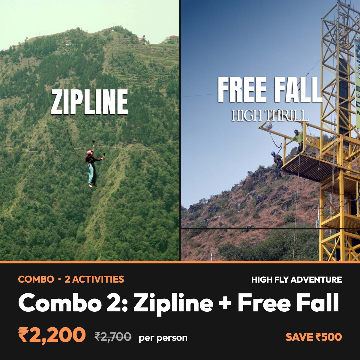 Combo 2: Zipline + Free Fall – High Fly Adventure, Suwakholi near Mussoorie