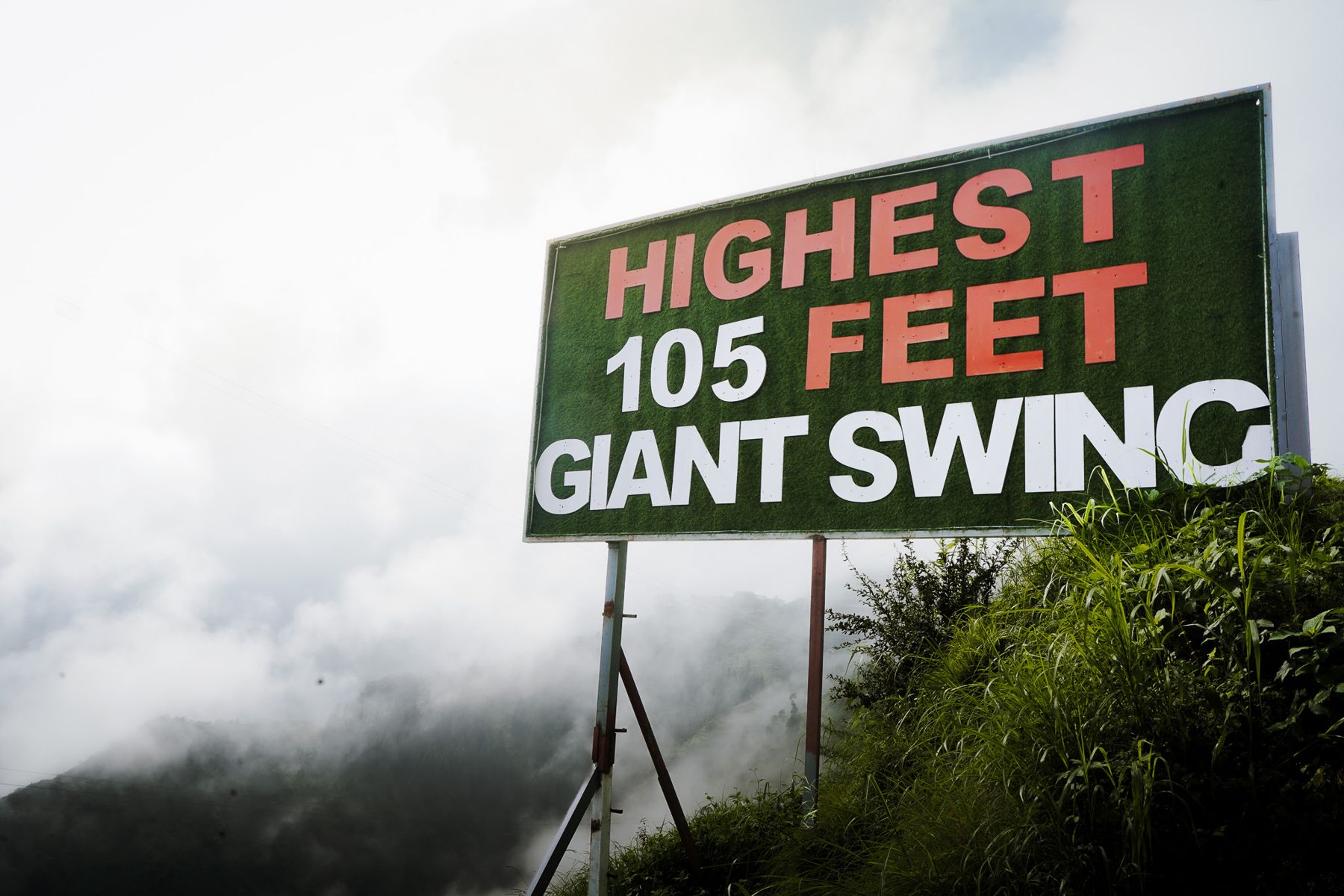 Highest 105 feet Giant Swing signboard at High Fly Adventure in Suwakholi, Mussoorie